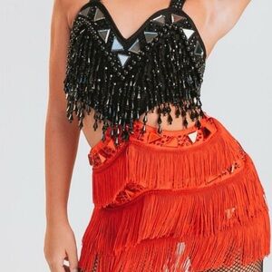 Glamour solo red black rhinestoned embellish Dance Costume Leotard fringe SA